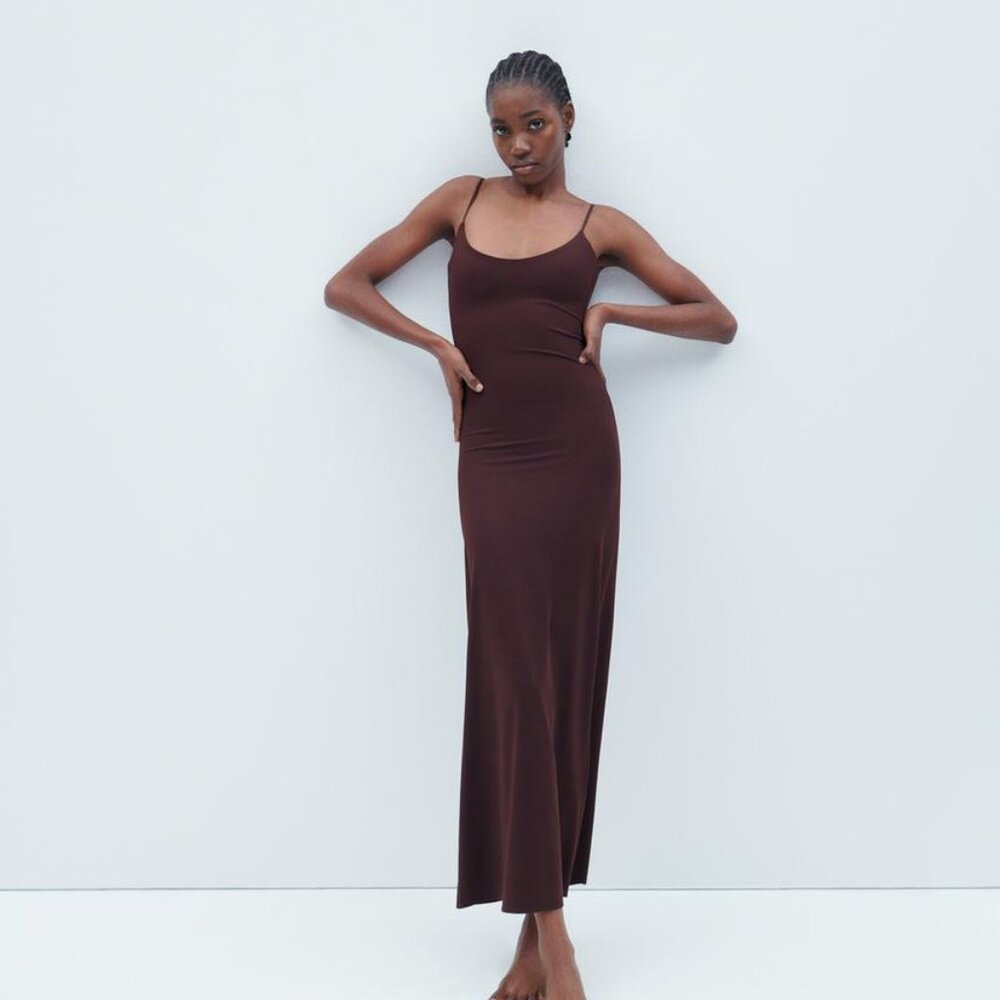 Zara Stretch Bodycon Midi Dress - Brown, Small